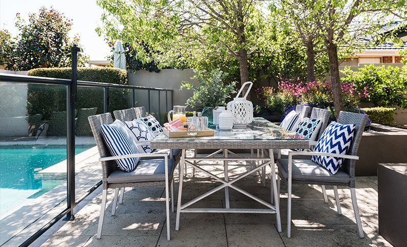 Outdoor pool store and dining table